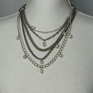 Silver Tone Chain Layered Necklace with Pearl Accents Statement‎ Jewelry